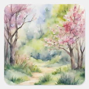 Watercolor Spring Nature Scene Square Sticker