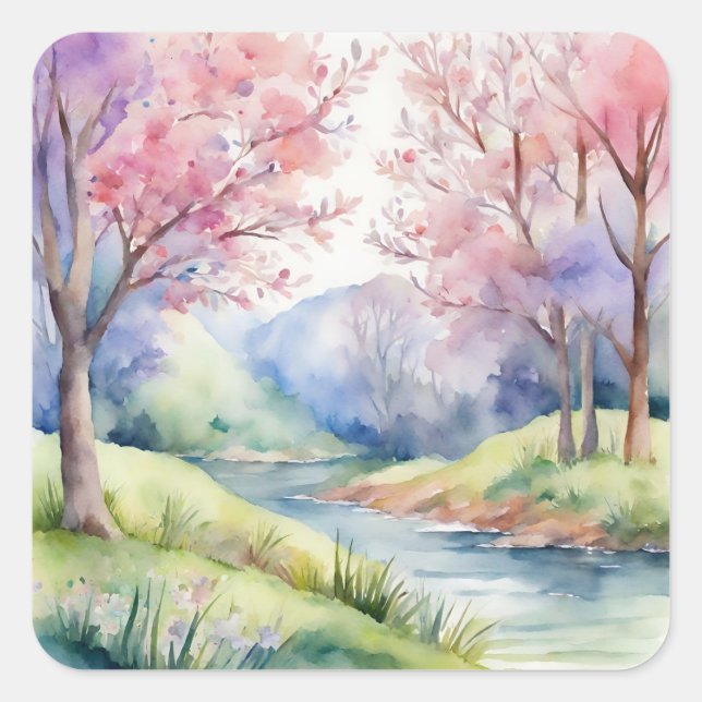 Watercolor Spring Nature Scene Square Sticker (Front)