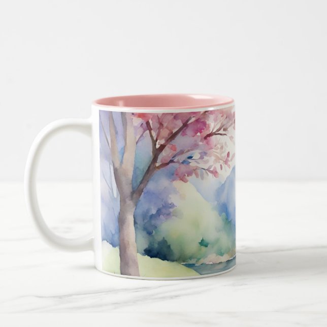 Watercolor Spring Nature Scene Two-Tone Coffee Mug (Left)