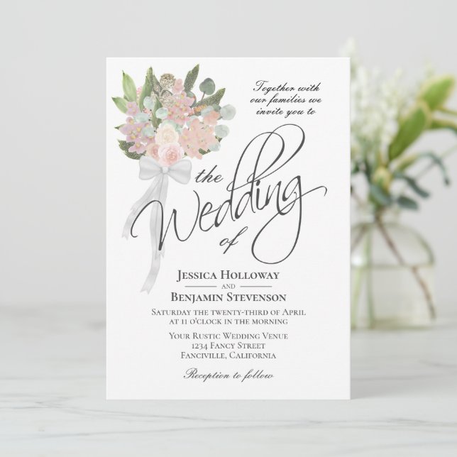 Watercolor Spring Pink Bouquet Rustic Boho Wedding Invitation (Standing Front)