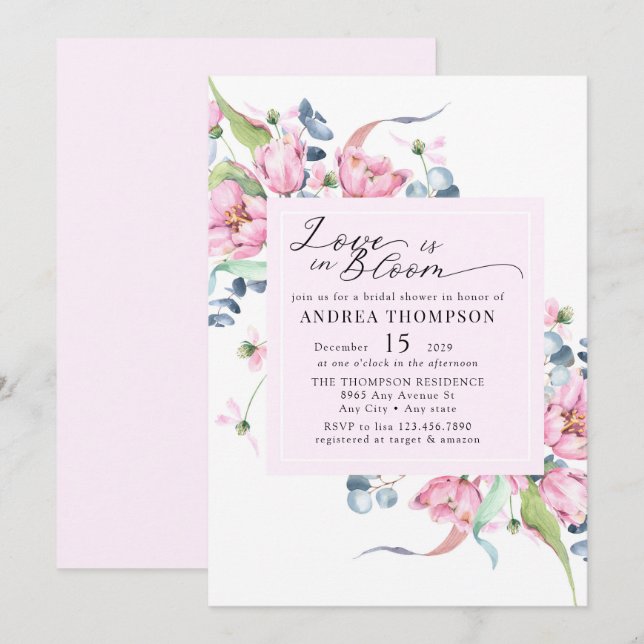 Watercolor Spring Pink Floral Bridal Shower Invitation (Front/Back)