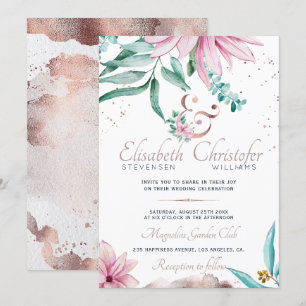 Watercolor Spring Pink Floral Rose Gold Ampersand Invitation