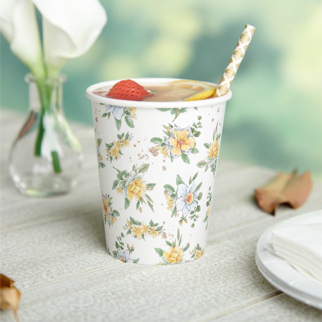 Watercolor Spring Sunflowers & Daisies Design Paper Cups (Insitu)