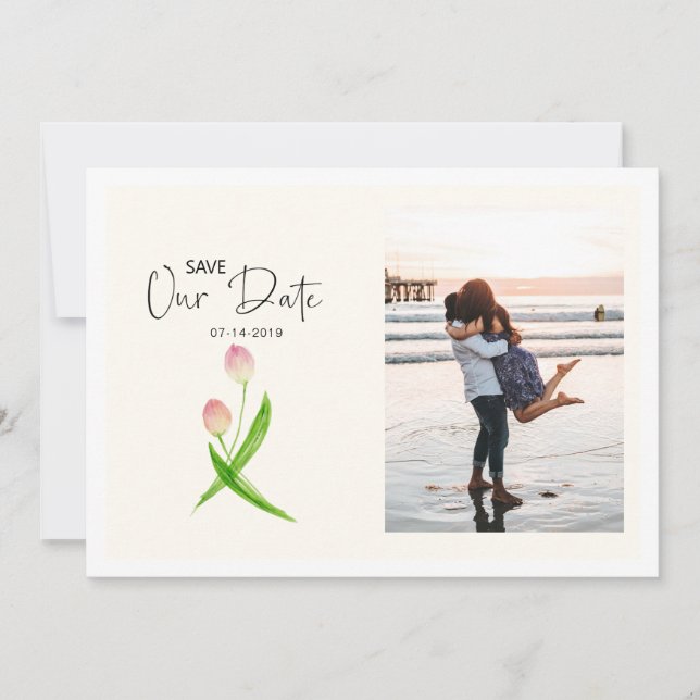 Watercolor Spring Tulip Save the Date Photo Card (Front)