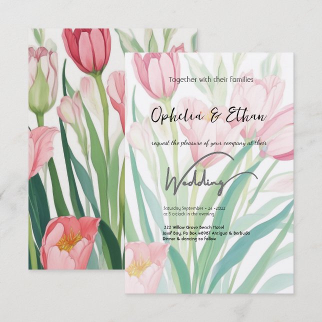 Watercolor Spring Tulips, Wedding Invitation (Front/Back)