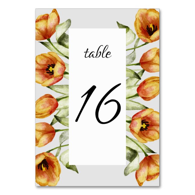 Watercolor spring tulips wedding table number (Front)