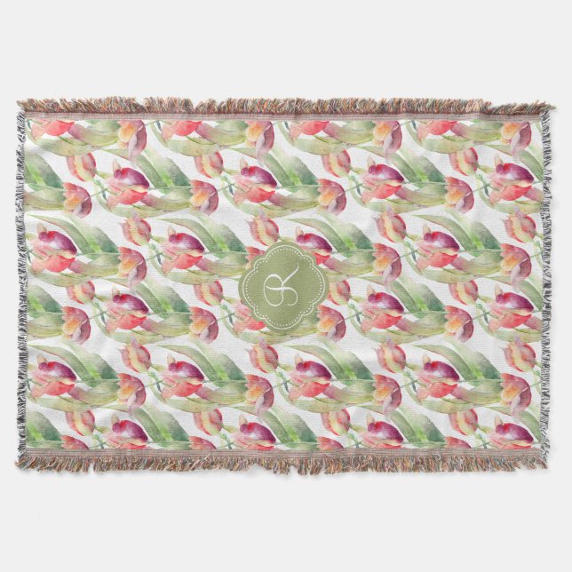 Watercolor Spring Tulips with Custom Monogram Throw Blanket (Front)
