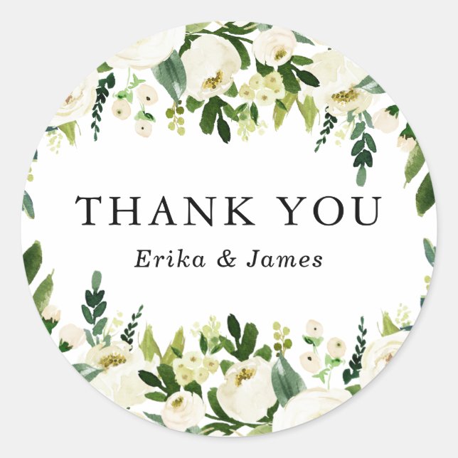 Watercolor Spring White Flowers Garland Wedding Classic Round Sticker (Front)