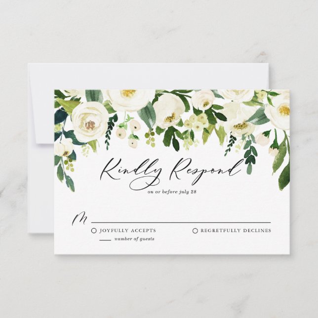 Watercolor Spring White Flowers Garland Wedding II RSVP Card (Front)