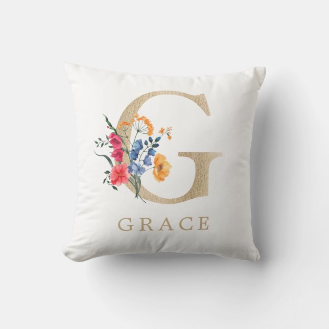 Watercolor Spring Wildflower Faux Gold Letter "G" Cushion (Front)