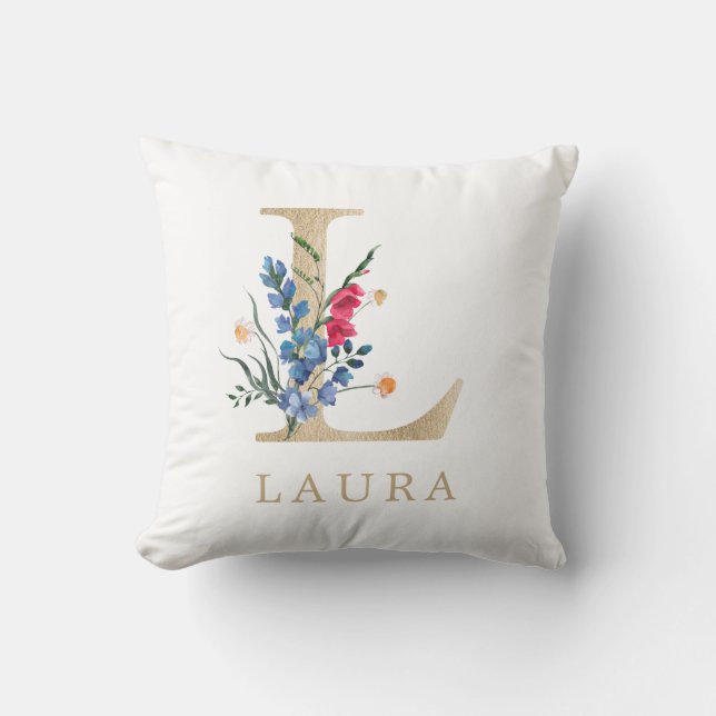 Watercolor Spring Wildflower Faux Gold Letter "L" Cushion (Front)