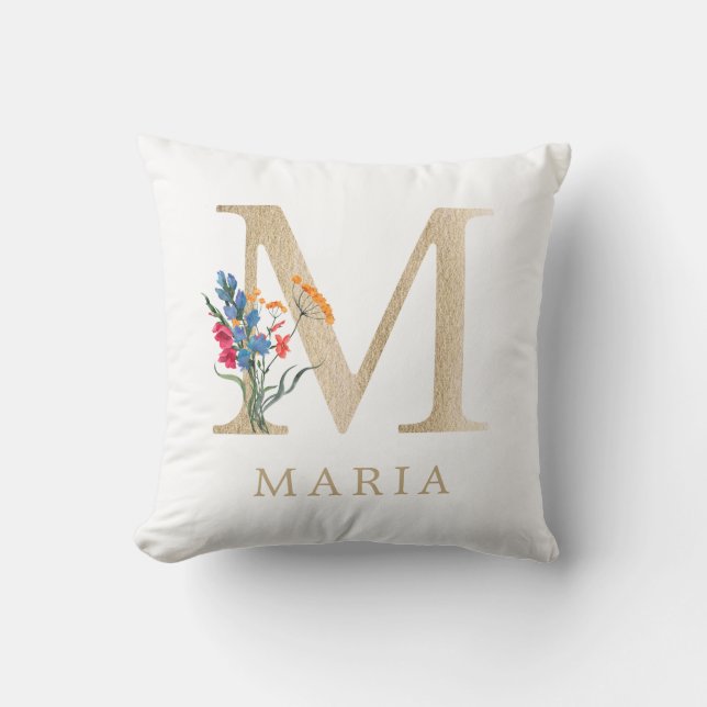 Watercolor Spring Wildflower Faux Gold Letter "M" Cushion (Front)