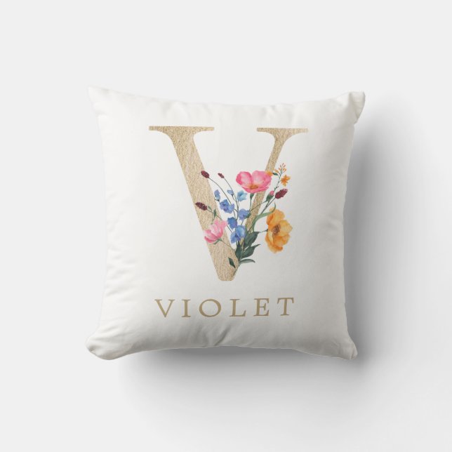 Watercolor Spring Wildflower Faux Gold Letter "V" Cushion (Front)