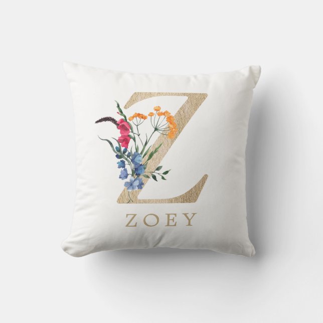 Watercolor Spring Wildflower Faux Gold Letter "Z" Cushion (Front)