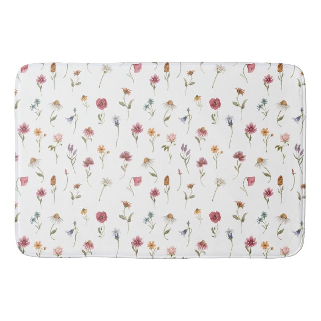 Watercolor Spring Wildflower Pattern Bath Mat (Front)