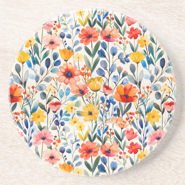 Watercolor Spring Wildflowers Background-99034 Coaster (Front)
