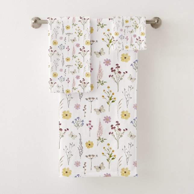 Watercolor Spring Wildflowers Pattern Bath Towel Set (Insitu)