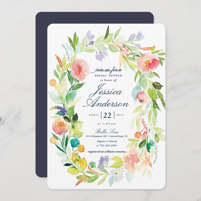 Watercolor Spring Wreath Bridal Shower Invitation (Front/Back)
