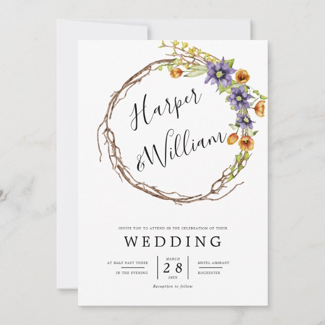 Watercolor spring wreath wedding invitation (Front)