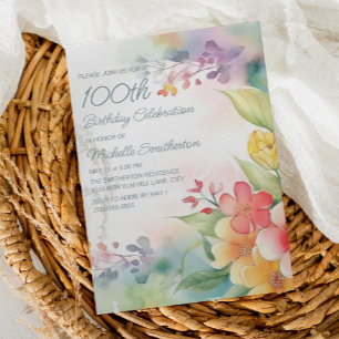 Watercolor Springtime Flowers 100th Birthday Invitation