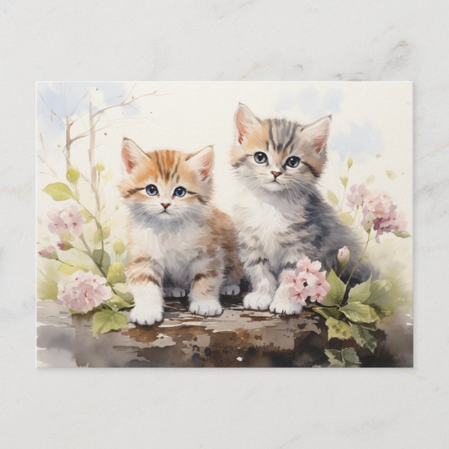 Watercolor Springtime Kittens Pink Geraniums Postcard (Front)