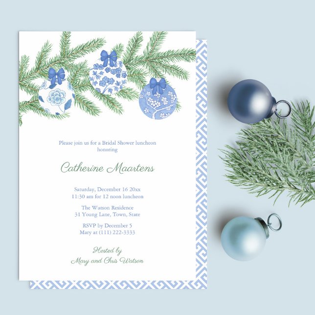 Watercolor Spruce Blue White Baubles Bridal Shower Invitation (Elegant Blue And White Chinoiserie Watercolor Holidays Bridal Shower Party Invitation)