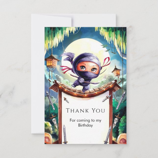 Watercolor Spy Ninja Birthday Thank You Card (Front)