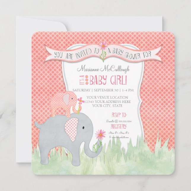 Watercolor Square Cute Girl Baby Shower Elephant Invitation (Front)
