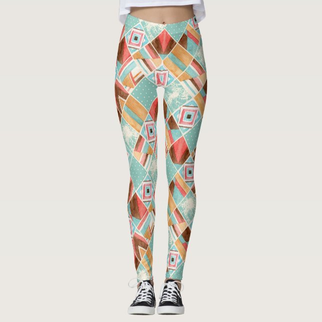 Watercolor square, patchwork geometric background. leggings (Front)