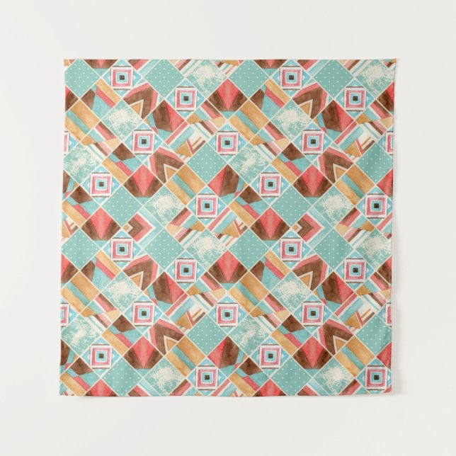 Watercolor square, patchwork geometric background. tapestry (Front)