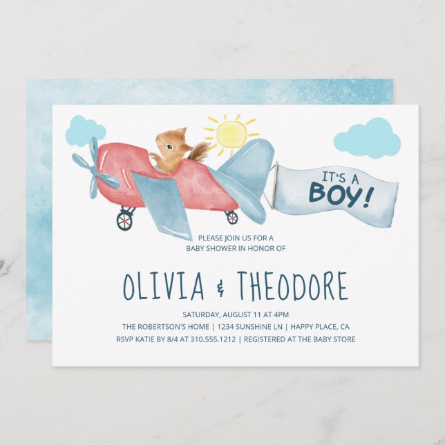 Watercolor Squirrel Aeroplane Boy Baby Shower Invitation (Front/Back)