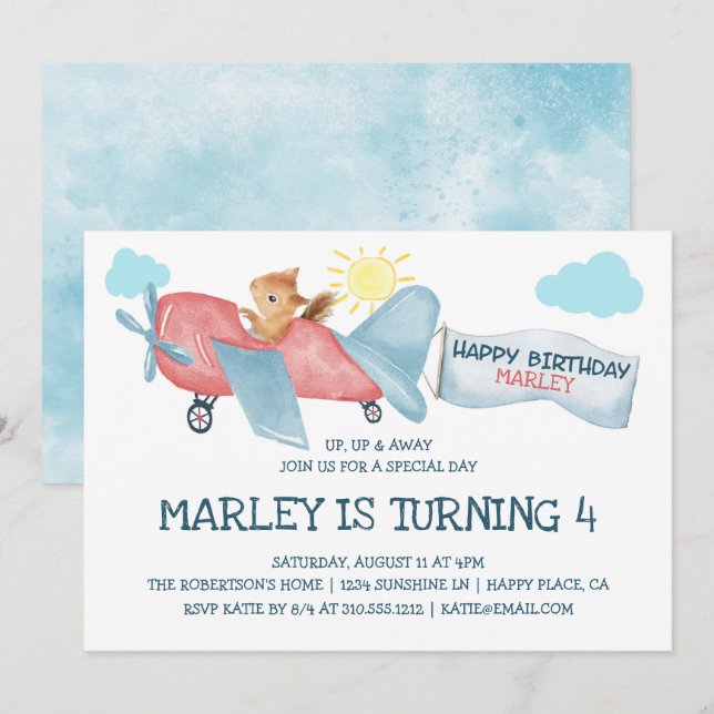 Watercolor Squirrel Aeroplane Up & Away Birthday Invitation (Front/Back)