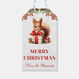 Watercolor Squirrel and Winter Holly Christmas Gift Tags