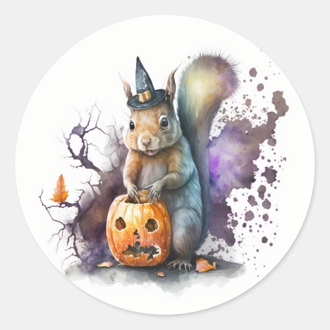 Watercolor Squirrel Halloween Classic Round Sticker (Front)