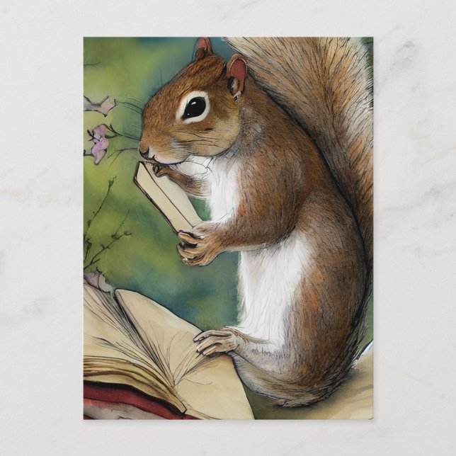 Watercolor Squirrel Reading a Book Postcard (Front)