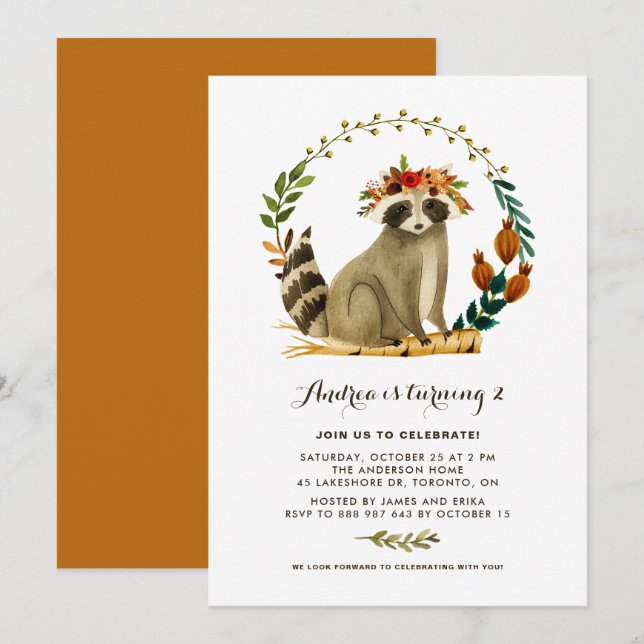 Watercolor Squirrel Wreath Autumn Kids Birthday Invitation (Front/Back)