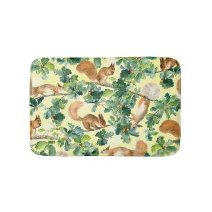 Watercolor squirrels, oak seamless pattern. bath mat
