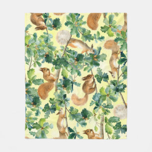 Watercolor squirrels, oak seamless pattern. fleece blanket