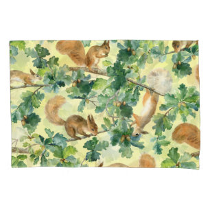 Watercolor squirrels, oak seamless pattern. pillowcase