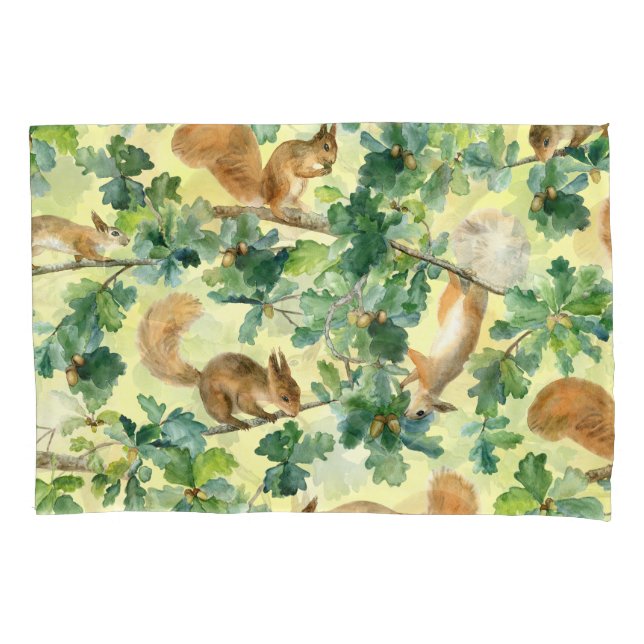 Watercolor squirrels, oak seamless pattern. pillowcase (Front)