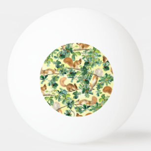 Watercolor squirrels, oak seamless pattern. ping pong ball
