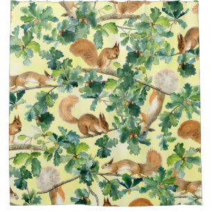 Watercolor squirrels, oak seamless pattern. shower curtain