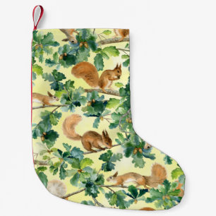 Watercolor squirrels, oak seamless pattern. small christmas stocking