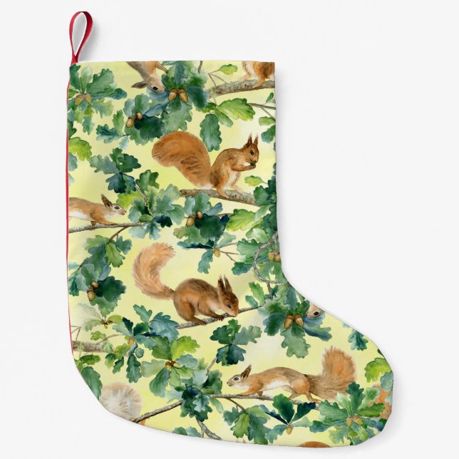 Watercolor squirrels, oak seamless pattern. small christmas stocking (Front)