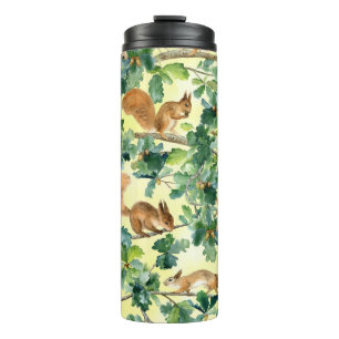 Watercolor squirrels, oak seamless pattern. thermal tumbler