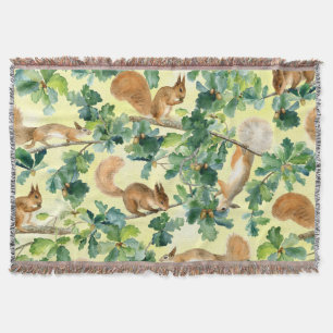 Watercolor squirrels, oak seamless pattern. throw blanket
