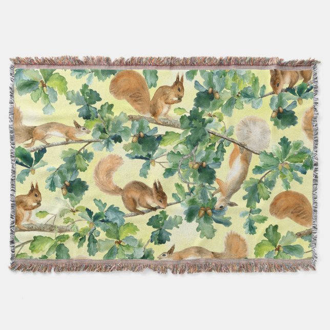 Watercolor squirrels, oak seamless pattern. throw blanket (Front)