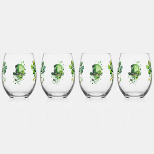 ☘️ Watercolor St. Patrick’s Day Clovers & Hat Stemless Wine Glass