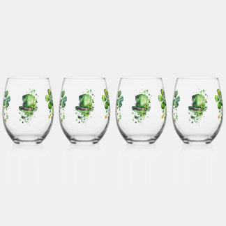 ☘️ Watercolor St. Patrick’s Day Clovers & Hat Stemless Wine Glass