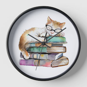 WATERCOLOR STACK OF BOOK WITH CUTE SLEEPING CAT CLOCK